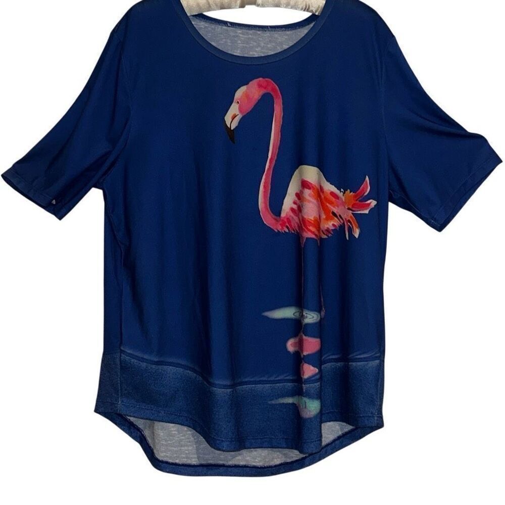 Ellen Negley Navy Blue Pink Flamingo Keyhole Short Sleeve Top Ladies Size Large